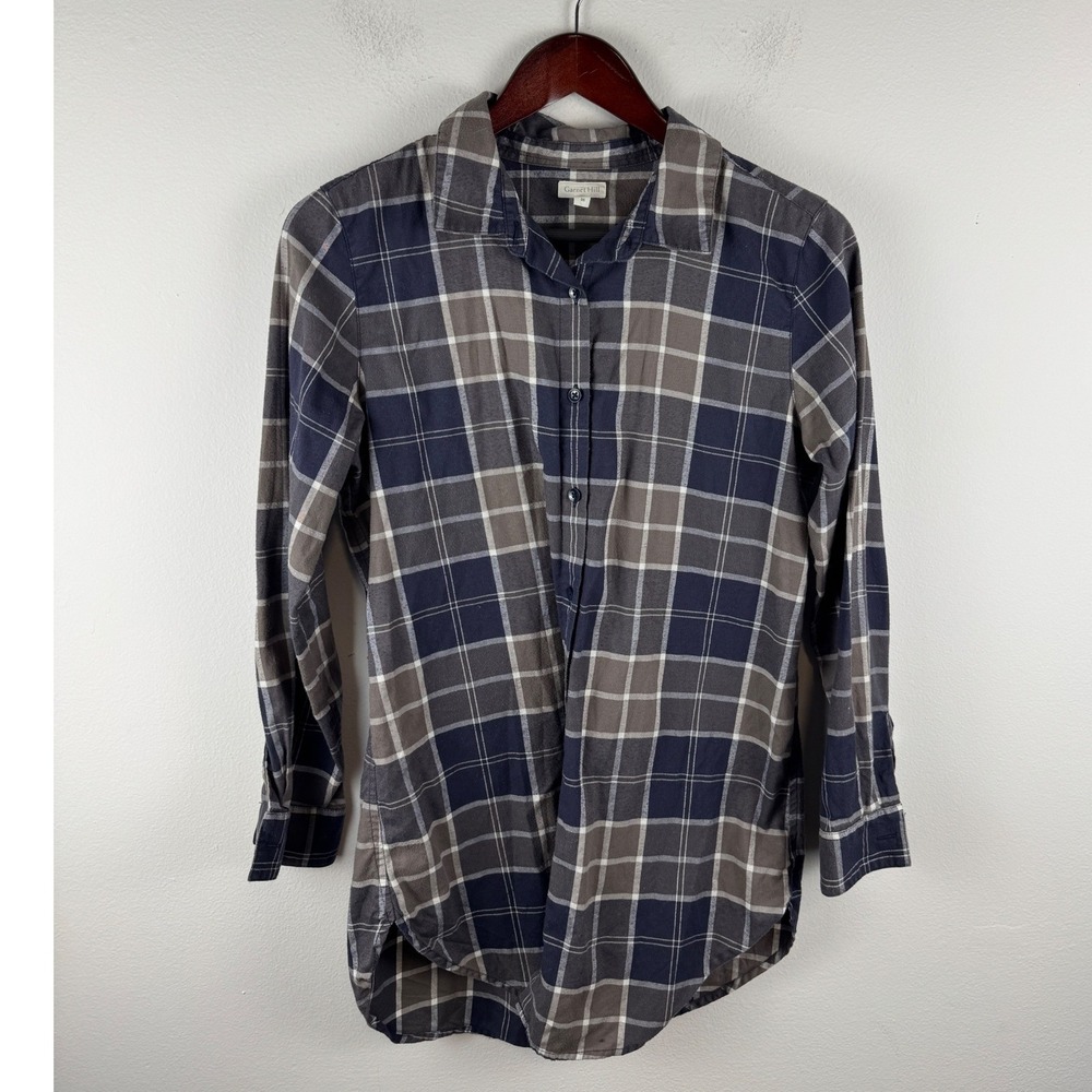 Garnet Hill Womens Navy Grey Plaid 100% Organic Pima Cotton Button Down Shirt 6